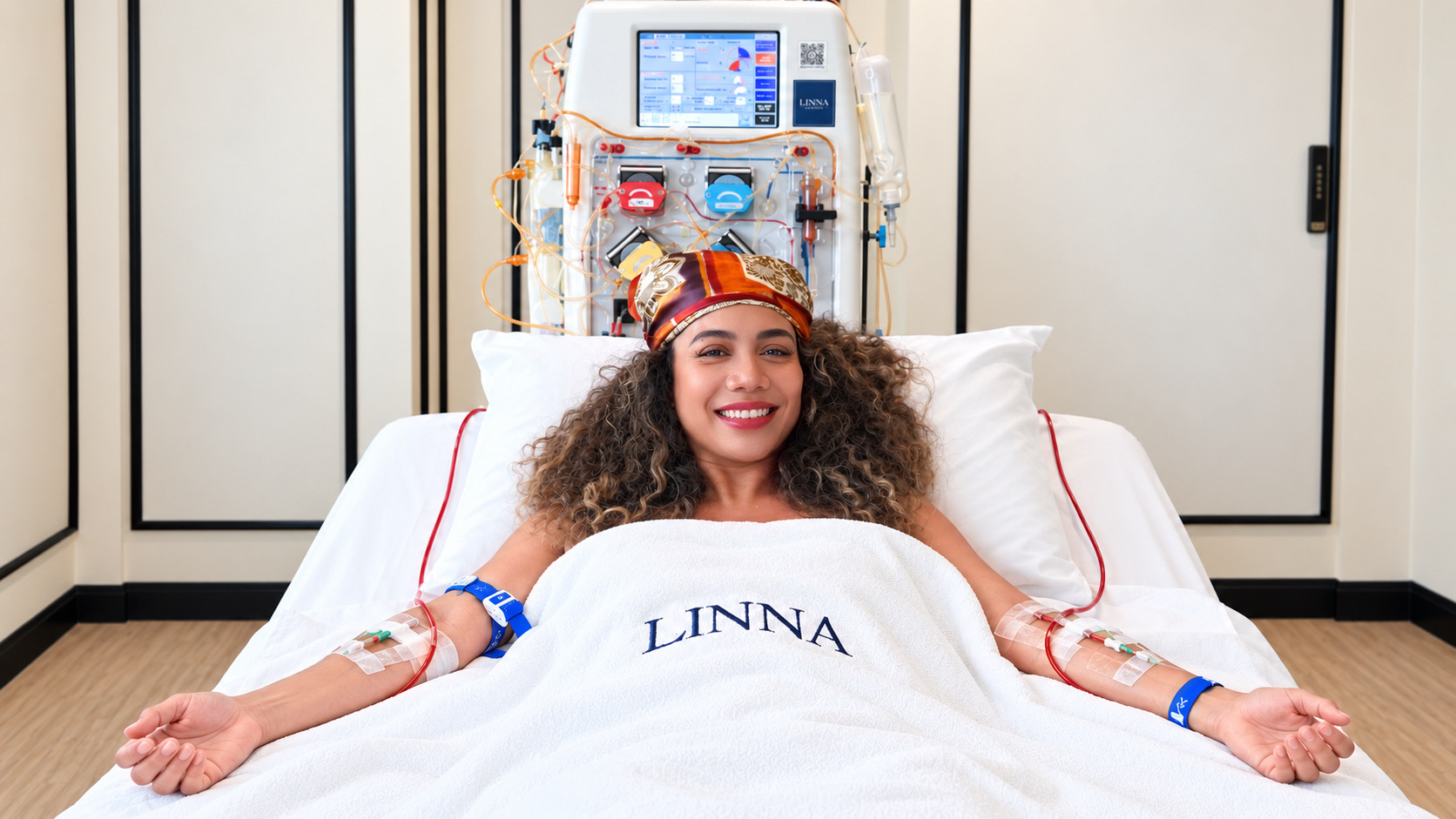 Patient resting in bed beside plasma filtration equipment during a supervised DFPP session at LINNA Longevity