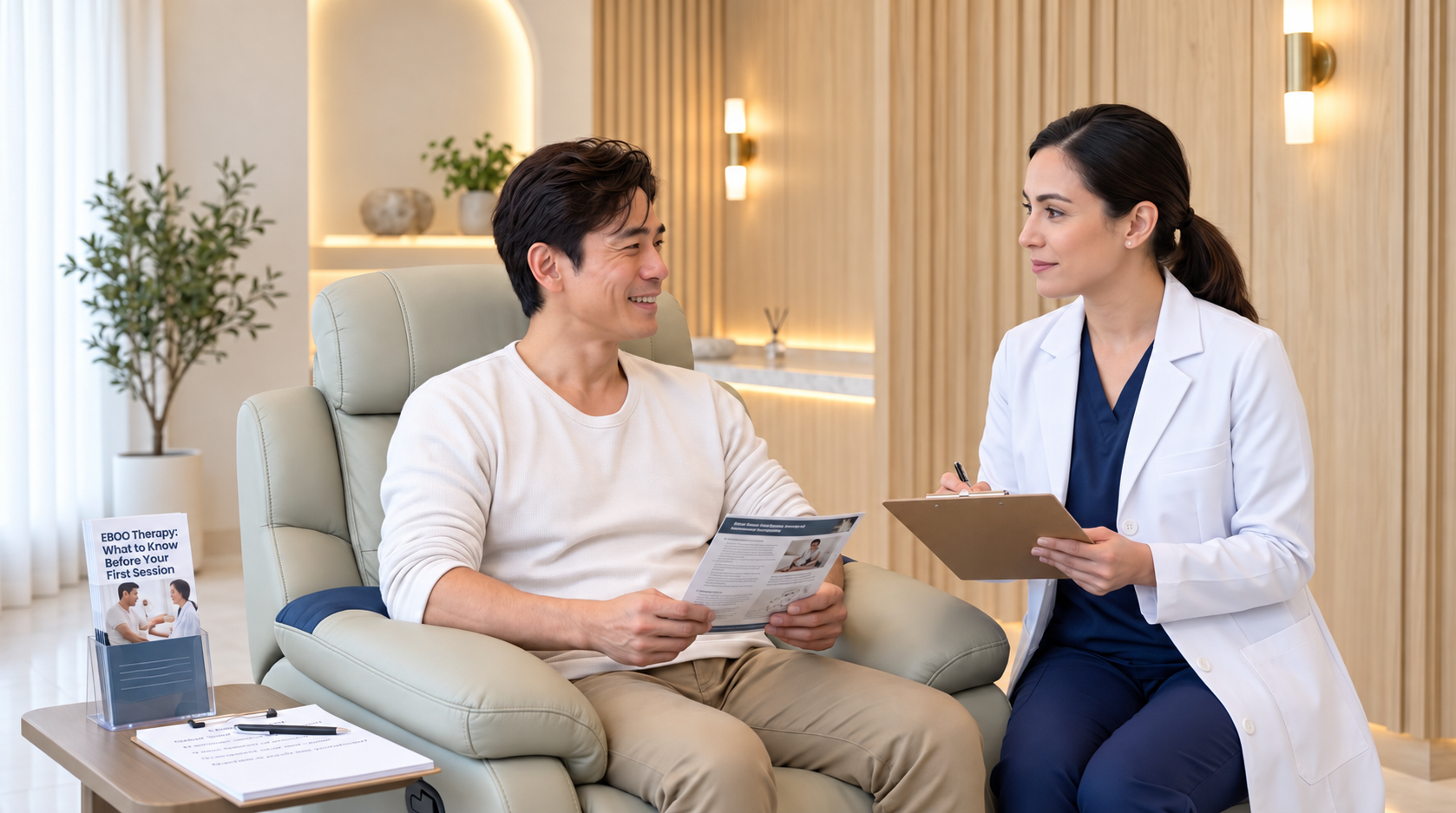 Patient reviewing an EBOO Therapy guide with a physician in a private LINNA Longevity consultation suite