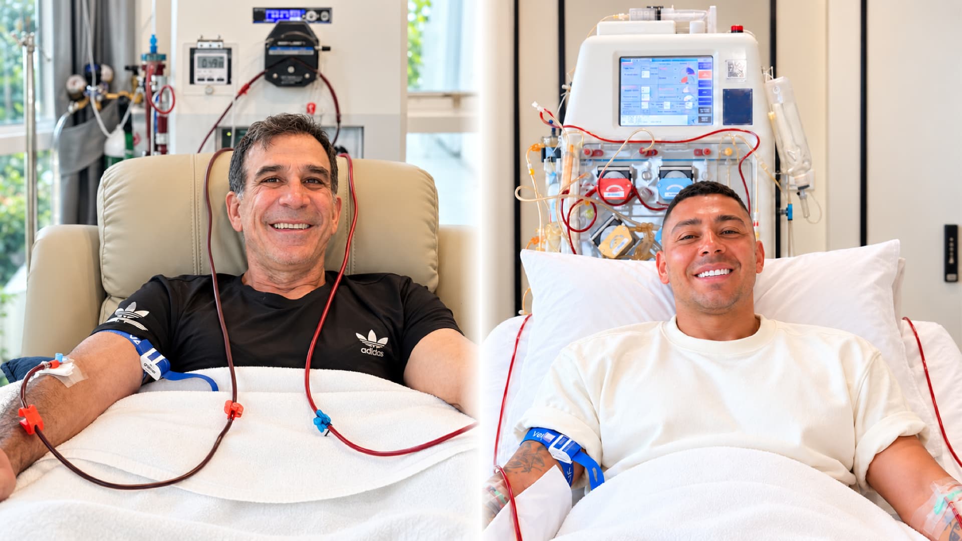 Two patients resting during supervised extracorporeal treatment sessions at LINNA Longevity