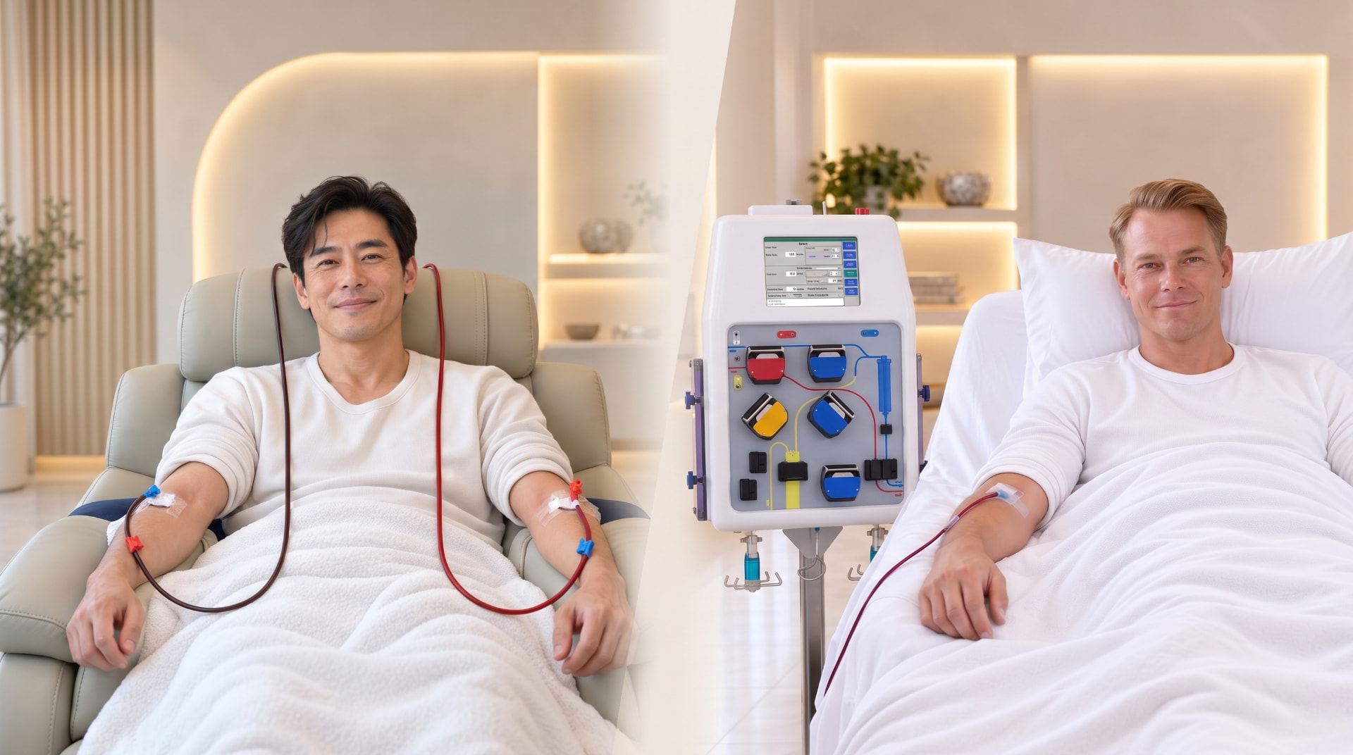 Two patients resting during supervised extracorporeal treatment sessions at LINNA Longevity