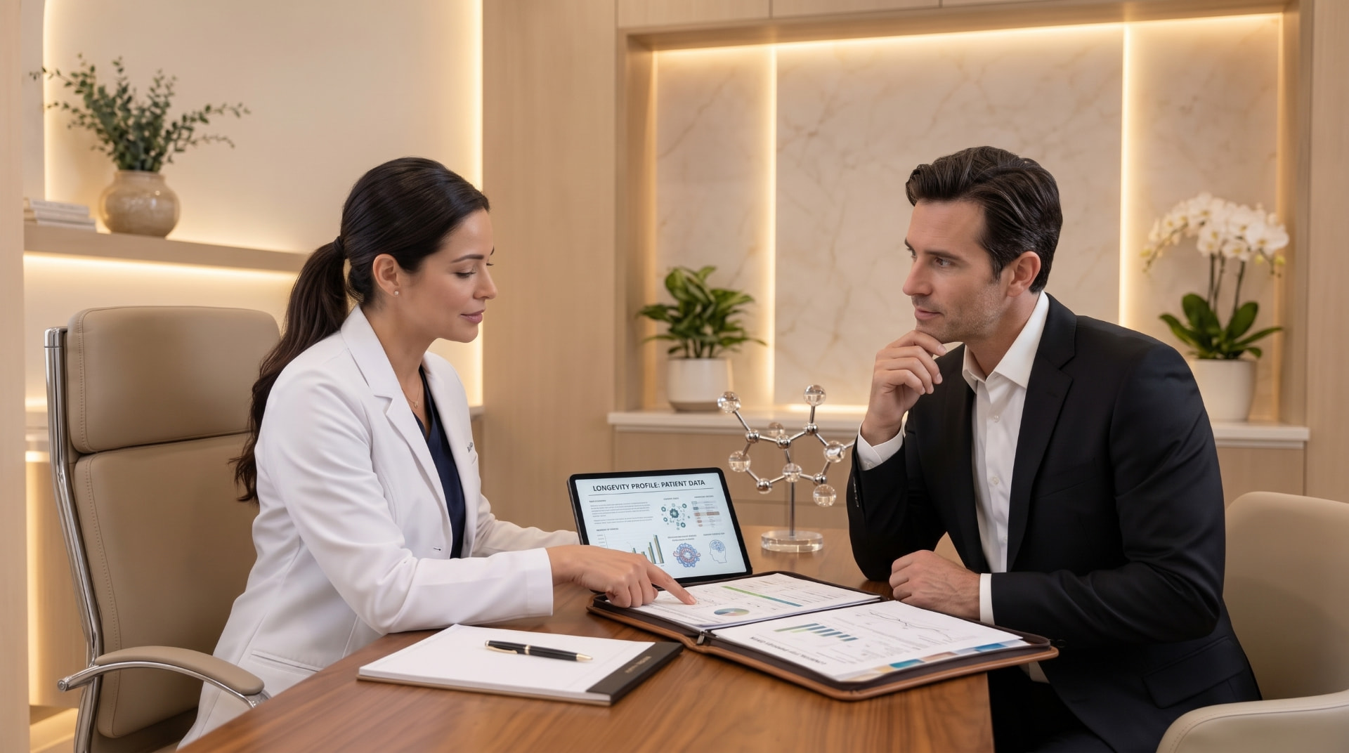 Physician and patient reviewing a longevity health profile together at LINNA Longevity